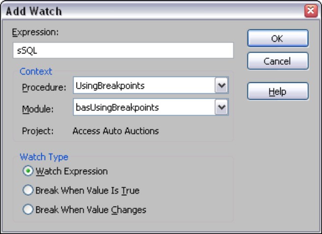 The Add Watch dialog box includes some powerful options.